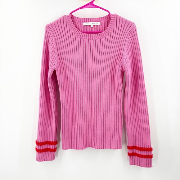 English Factory Sweater Women's Size Large Rib Ruffle Edge Pink Red Fuzzy Cuffs - Picture 1 of 10